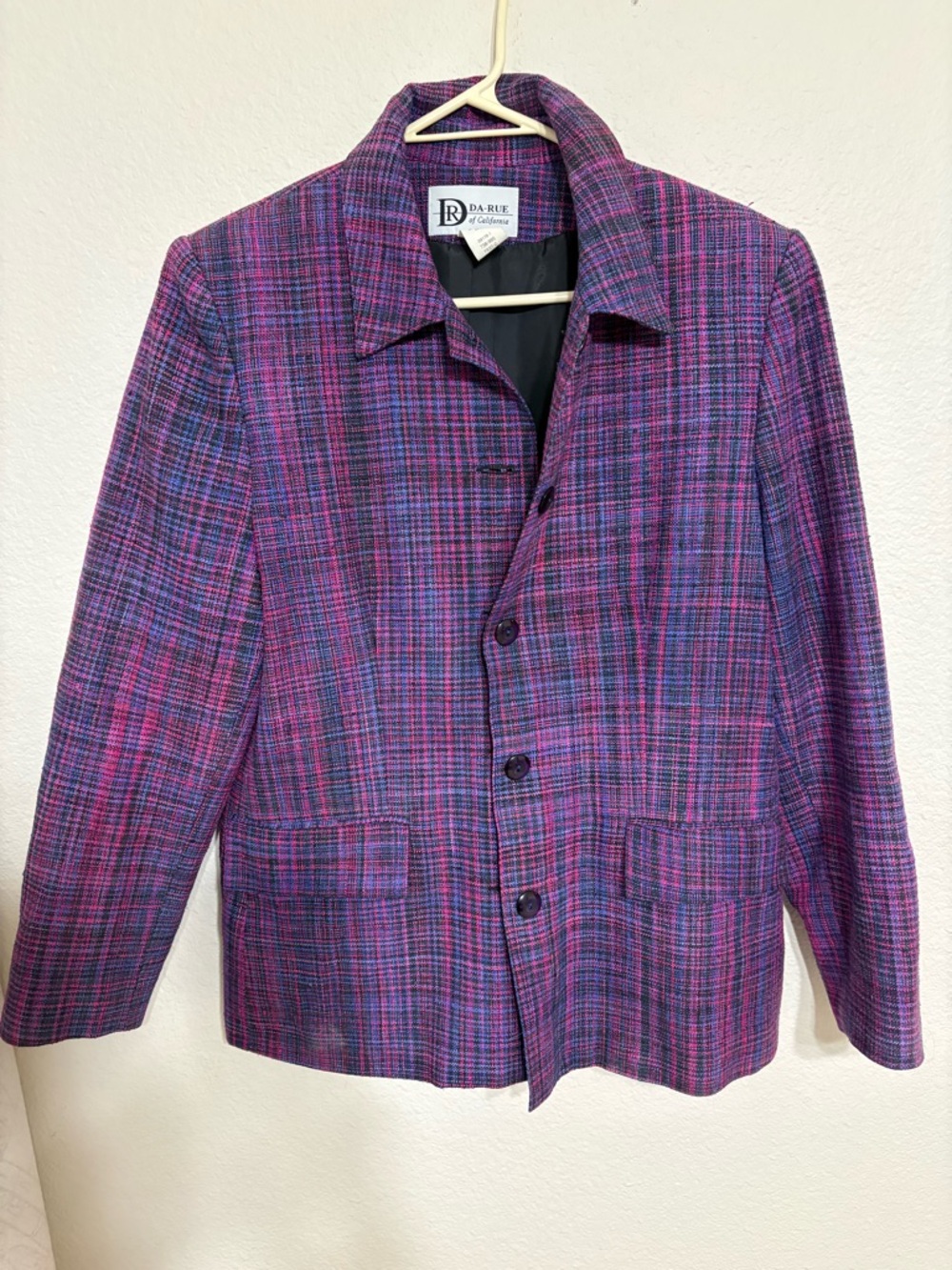Vintage DA-RUE of California Plaid Blazer – Purple & Pink Tweed Jacket Size 10